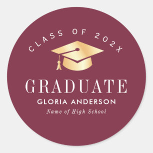 Sticker Rond Casquette d'or Maroon Graduation