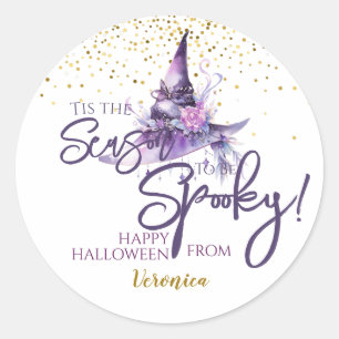 Sticker Rond Casquette Éffrayant de sorcière d'Halloween violet