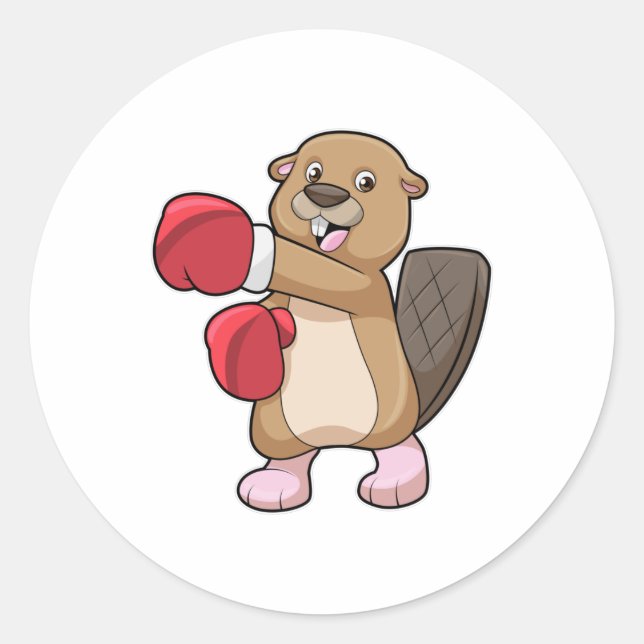Sticker Rond Castor à la boxe avec gants de boxe (Devant)