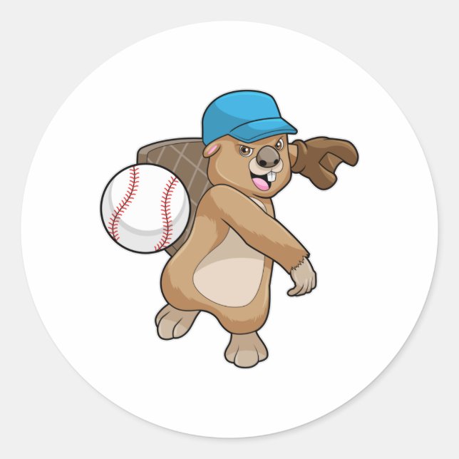 Sticker Rond Castor au Baseball Sports avec Casquette (Devant)