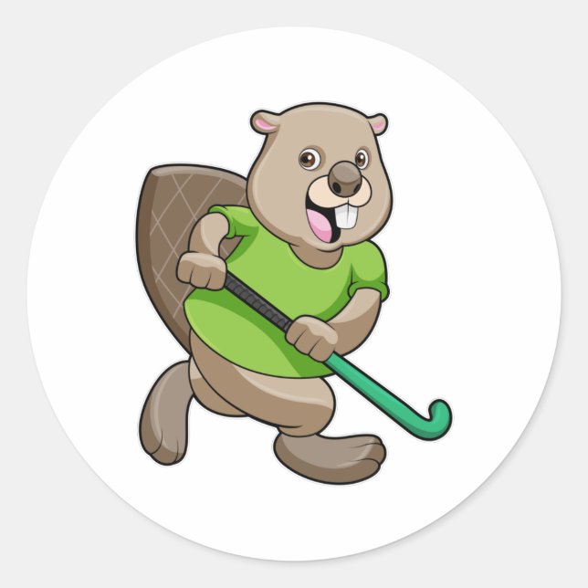 Sticker Rond Castor de Hockey avec batte de Hockey (Devant)