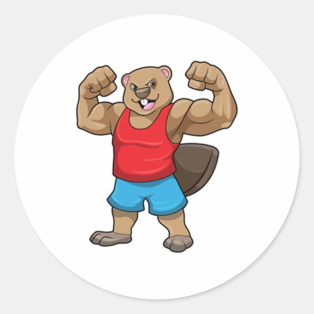 Sticker Rond Castor en Bodybuilder avec gros bras (Devant)