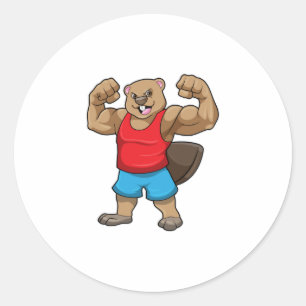 Sticker Rond Castor en Bodybuilder avec gros bras