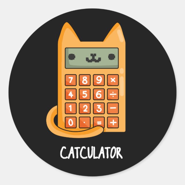 Sticker Rond Cat-culator Funny Calculator Pun Dark BG (Devant)