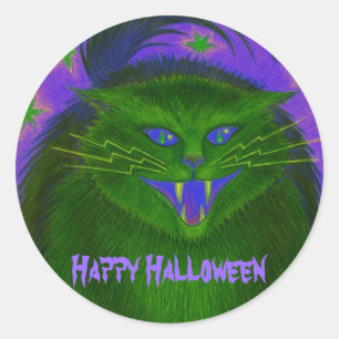 Sticker Rond Cat effrayant Vert 'Happy Halloween'