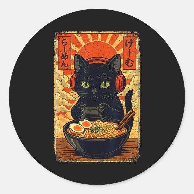 Sticker Rond Cat Gamer Men Anime Kawaii Funny Gaming Headset Ca (Devant)
