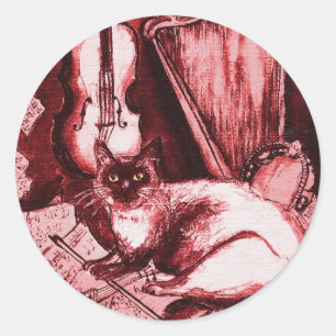 Sticker Rond CAT MUSICAL AVEC OWL ,Rouge ,Blanc