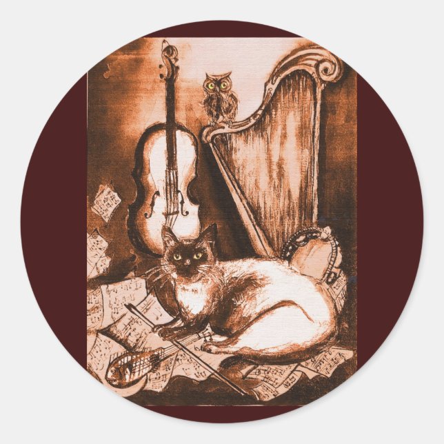 Sticker Rond CAT MUSICAL, Brown et blanc (Devant)