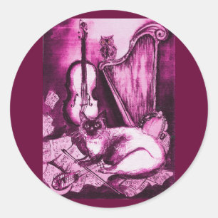 Sticker Rond CAT MUSICAL , Fuchsia rose violet et blanc