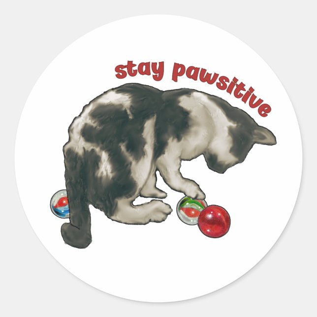 Sticker Rond Cat Playing with MARBLES, Stay Pawsitive, Pun (Devant)