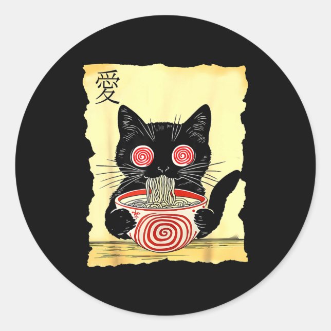 Sticker Rond Cat Ramen Japanese Funny Graphic Tees Kawaii Anime (Devant)