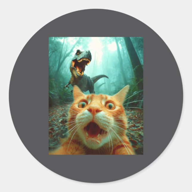 Sticker Rond Cat Selfie With T-rex Dinosaur Trex Dino Men Women (Devant)