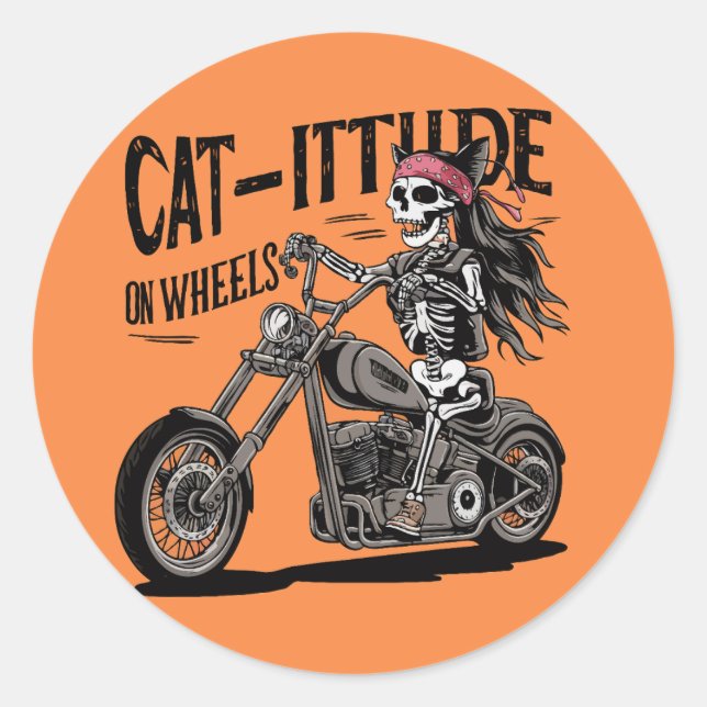 Sticker Rond Cat Skeleton chevauchant une moto Cat-itude sur où (Devant)