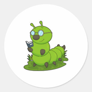 Sticker Rond Caterpillar Nerd avec lunettes et livre