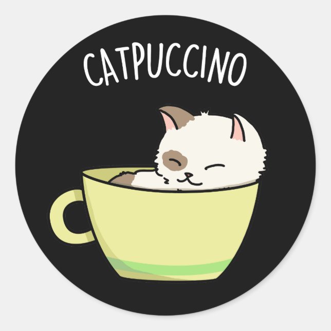 Sticker Rond Catpuccino Funny Kitty Chat En Coupe Pun Dark BG (Devant)