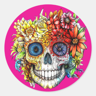 Sticker Rond Catrina Calavera Jour des Morts avec Fleurs