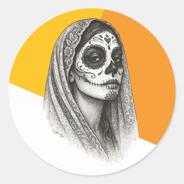 Sticker Rond Catrina mexicaine avec Rose et Veil Dia de muertos (Devant)