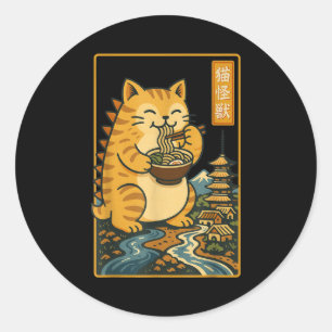 Sticker Rond Catzilla drôle Anime Ramen Chat Japonais Hommes Fe
