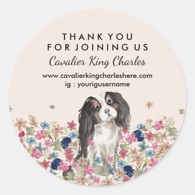 Sticker Rond Cavalier King Charles Spaniel Aquarelle Florale (Devant)