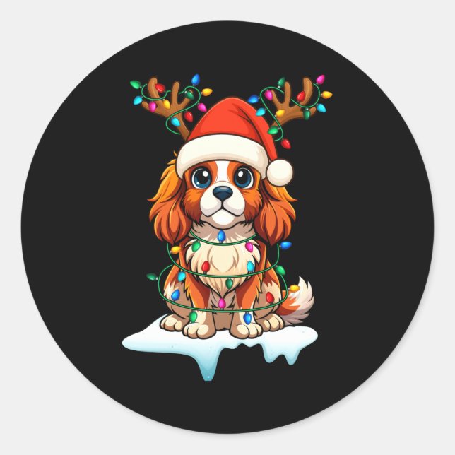 Sticker Rond Cavalier King Charles Spaniel Christmas Reindeer P (Devant)