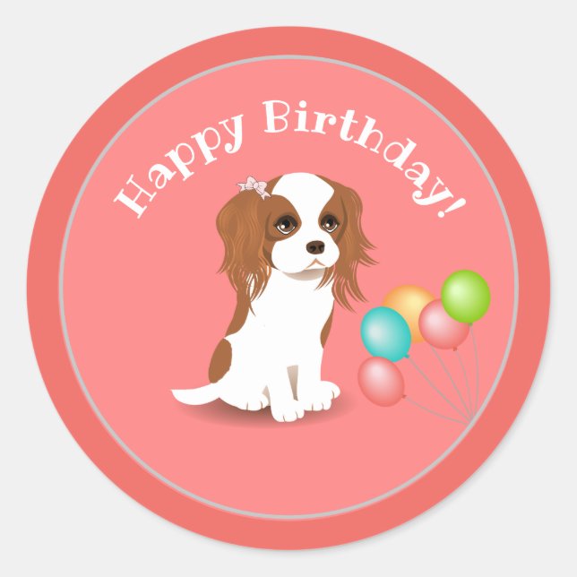 Sticker Rond Cavalier Roi Charles Espagnol Rose Joyeux Annivers (Devant)