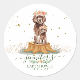Sticker Rond Cavapoo marron avec couronne florale Baby Shower