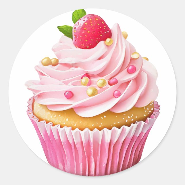 Sticker Rond Ccupcake à la crème rose avec baies anniversaire (Devant)