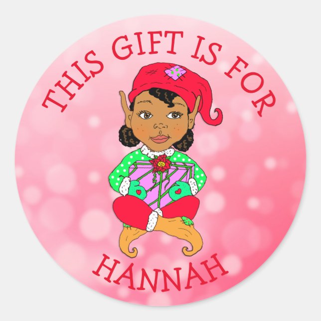Sticker Rond Ce cadeau est pour, Elfe fille avec cadeau (Devant)