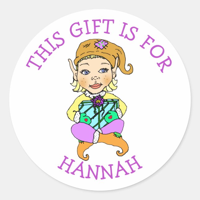 Sticker Rond Ce cadeau est pour, Elfe fille avec cadeau (Devant)