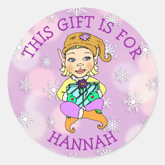 Sticker Rond Ce cadeau est pour, Elfe fille avec cadeau (Devant)