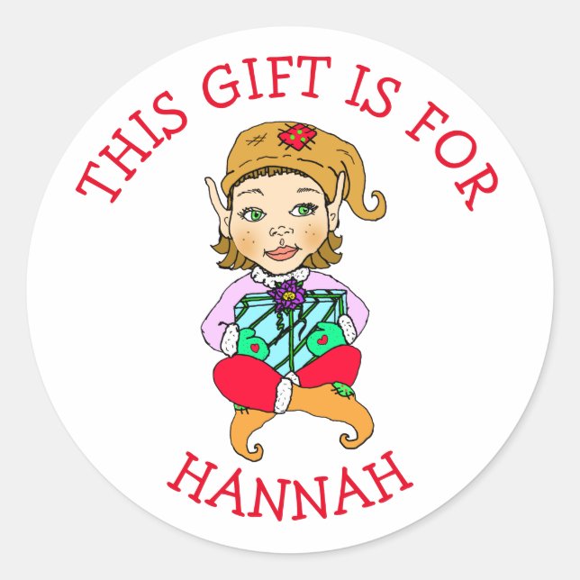 Sticker Rond Ce cadeau est pour, Elfe fille avec cadeau (Devant)