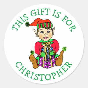 Sticker Rond Ce cadeau est pour, petit elfe avec cadeau