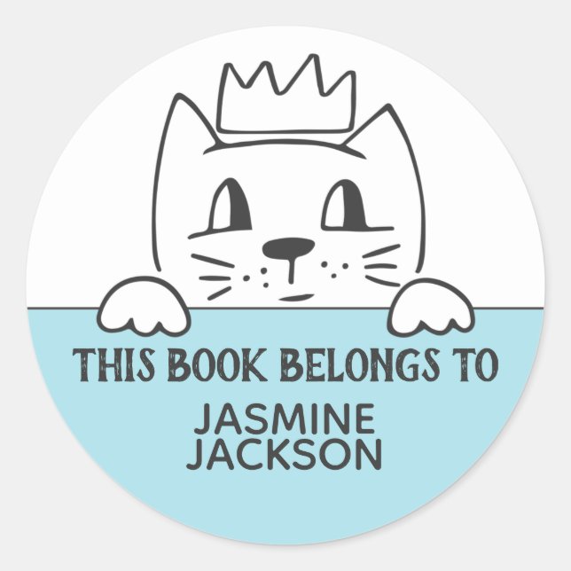 Sticker Rond Ce livre appartient à chat mignon avec couronne bl (Devant)