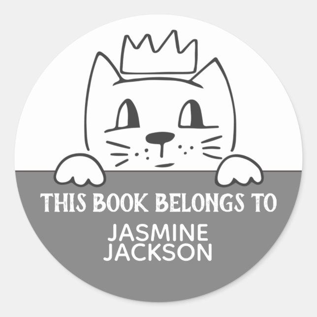 Sticker Rond Ce livre appartient à chat mignon avec couronne gr (Devant)