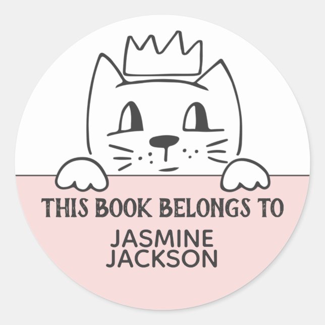 Sticker Rond Ce livre appartient à chat mignon avec couronne ro (Devant)