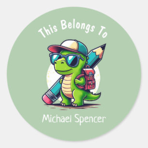 Sticker Rond Cela Appartient Aux Mignons Garçons Dinosaur Green