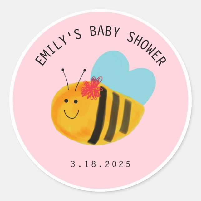 Sticker Rond Célébration du Baby shower rose d'Abeille Cute Kaw (Devant)