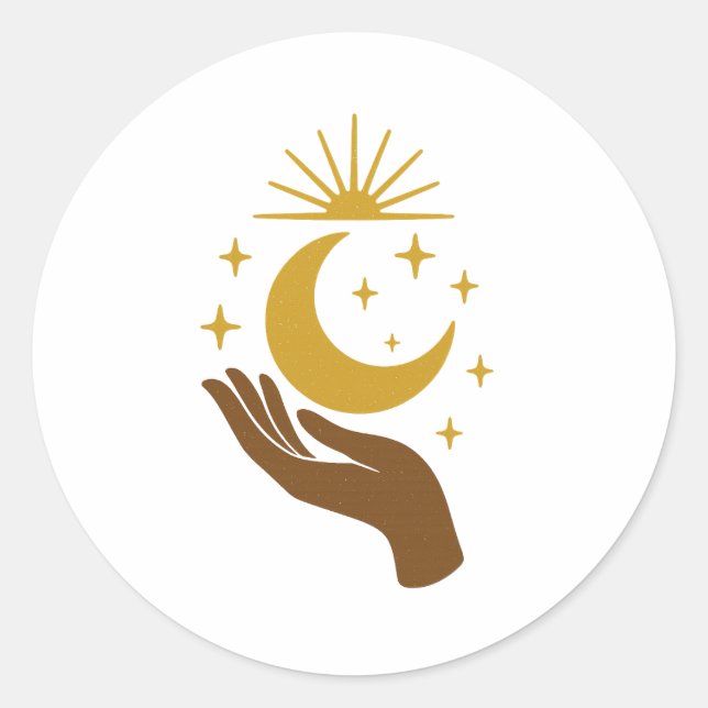 Sticker Rond Celestial Hand Holding the Moon – Minimal Cosmic D (Devant)