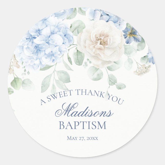 Sticker Rond Cercle Baptême Floral Bleu Hydrangea Bloom (Devant)