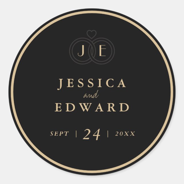 Sticker Rond Cercles de Monogramme Mariage de luxe Black Gold (Devant)