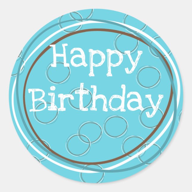 Sticker Rond Cercles Joyeux Anniversaire Turquoise Blanc Marron (Devant)