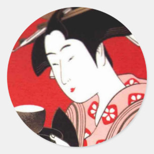Sticker Rond Cérémonie japonaise du thé de dame Art Imprimer