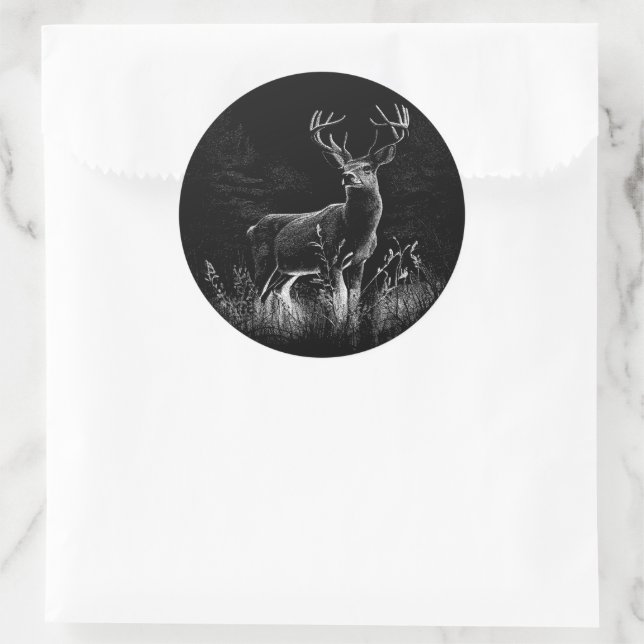 Sticker Rond Cerf aux bois encadrés par champ et arbre (Sac)