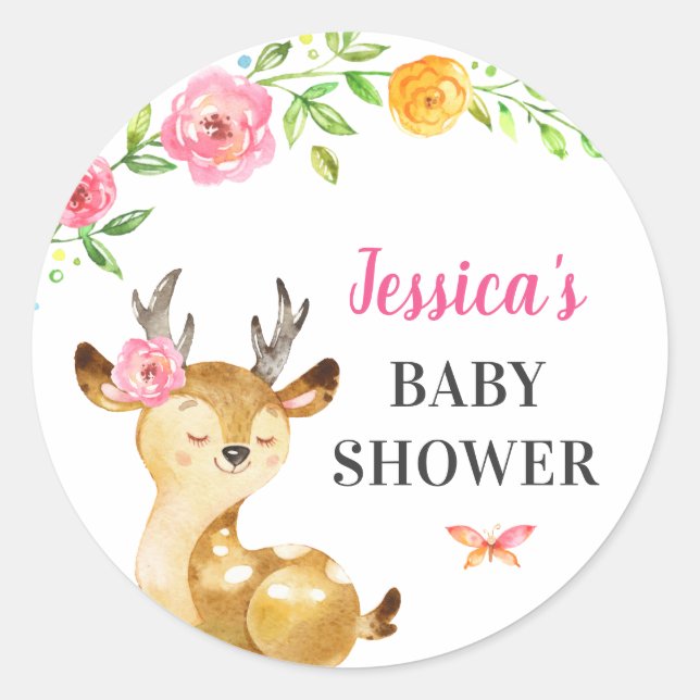Sticker Rond Cerf Bébé Fille Douche Sprinkle Invité Favoriser r (Devant)