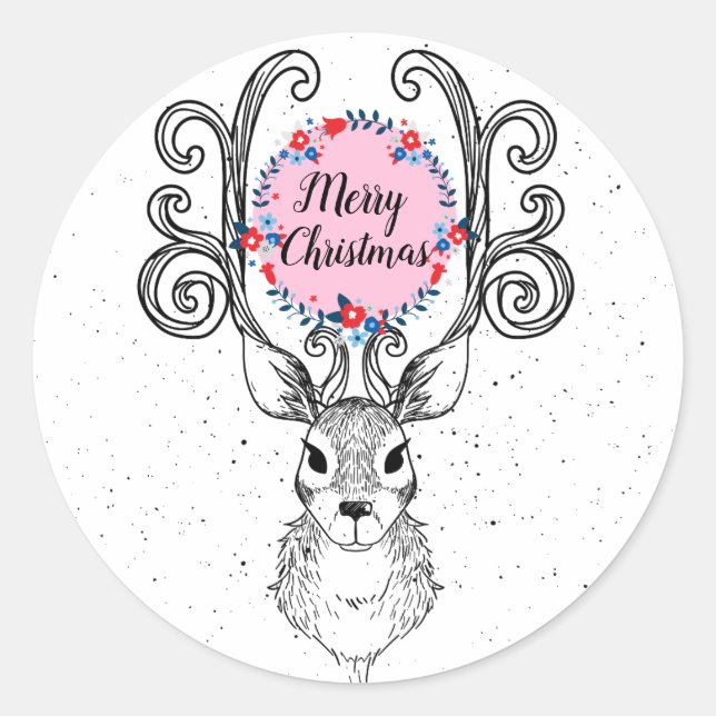 Sticker Rond Cerf Bois Et Couronne De Fleurs Fêtes (Devant)