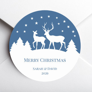Sticker Rond Cerf Daim & Biche Noël Bleu Blanc