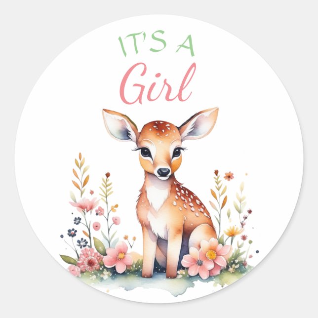 Sticker Rond Cerf de bébé en fleurs | C'est un Baby shower de f (Devant)