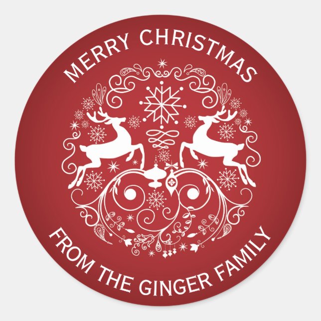 Sticker rond cerf de Noël et tourbillons Joyeux (Devant)