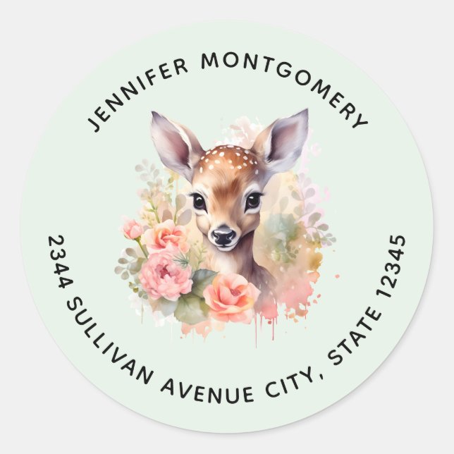Sticker Rond Cerf mignon entouré de Roses avec adresse (Devant)