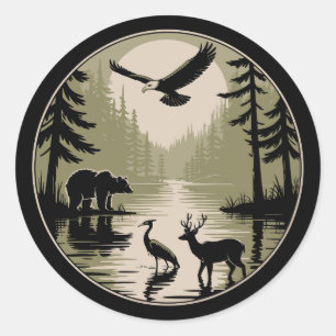 Sticker Rond Cerf Ours Aigle Lune Forêt Silhouette